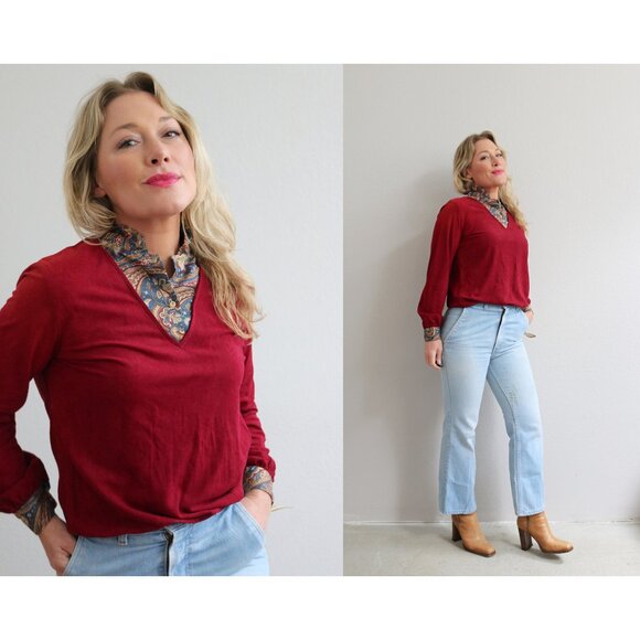 Vintage, Deadstock 1970's Cranberry Ruffle Blouse ~ Women's Small, Medium, Large - Picture 1 of 9